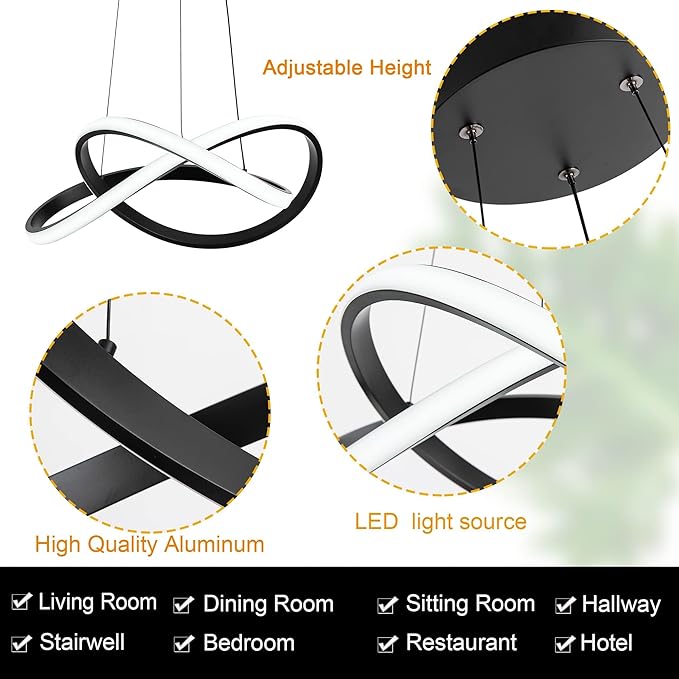 MAYNA Modern LED Pendant Light with Remote Control, 3-Color Dimmable Contemporary LED Chandelier with Irregular Ring Lights, Modern Chandeliers for Dining Room Kitchen, Black 25.6 inch