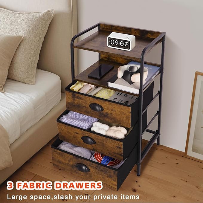 Night Stand with 3 Fabric Drawer and Sturdy Metal Frame, Modern Side Table Lightweight & Durable -55LB Load Capacity, Wear-Resistant & Easy-Clean Surface,Rustic Brown