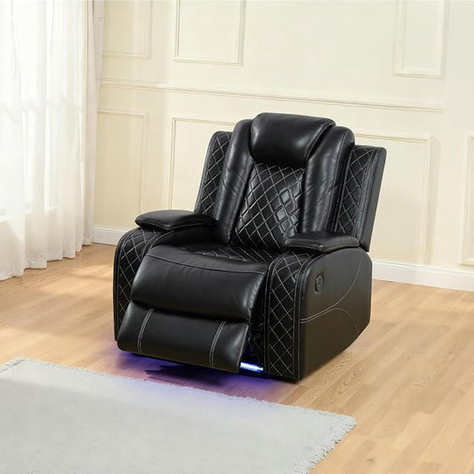 Power Leather Reclining Sofa Chair with LED Light for Adults,Single Recliner with USB Port/Storage,Leather Couch for Living Room Furniture Sets/RV Car/Home Theater/Office(1 Seat,Black)