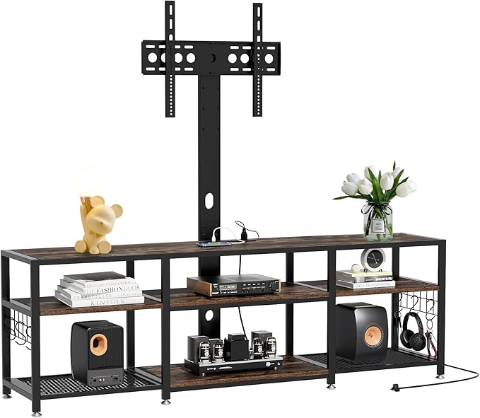 VECELO TV Stand with Mount and Power Outlet, Height Adjustable Entertainment Center with Storage Shelves for 32/55/65/70/75 inches Televisions, Console Table for Living Room, Bedroom, Rustic Brown