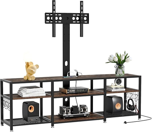 VECELO TV Stand with Mount and Power Outlet, Height Adjustable Entertainment Center with Storage Shelves for 32/55/65/70/75 inches Televisions, Console Table for Living Room, Bedroom, Rustic Brown