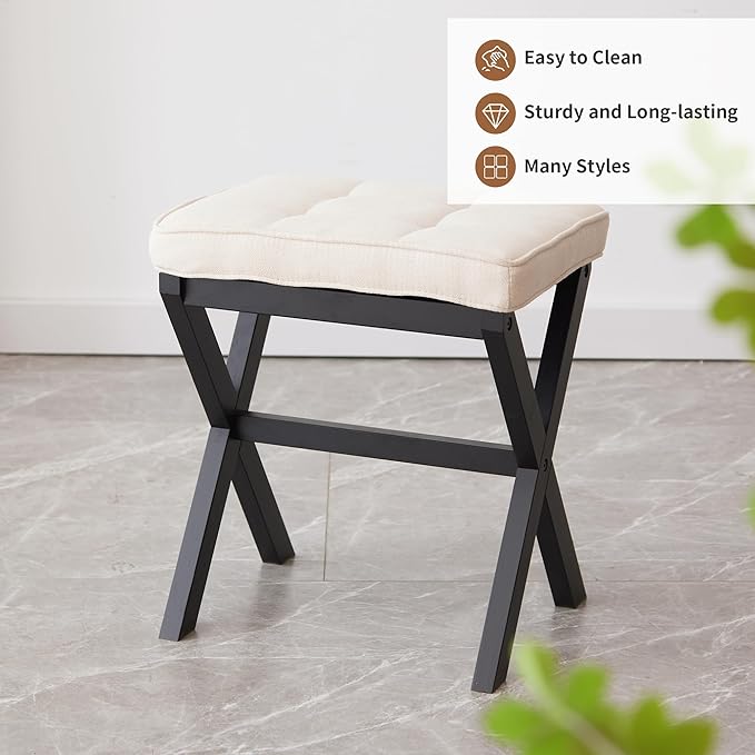 FILWH Foot Stool Small Ottoman Foot Rest Padded Foot Stool Desk for Under Office Desk Vanity Stool Bamboo Footstool Sofa Footrest Shoe Stool Small (Black Legs + Beige)