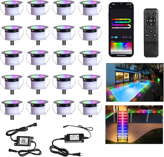 LED Deck Lights Kit, 20 Pack 1.77" RGBW+IC Multicolor Dynamic Low Voltage Recessed Landscape Lights, IP67 Waterproof 12V Step Light Outdoor for Garden Yard Path Ground Stairs, Work with Alexa/Google