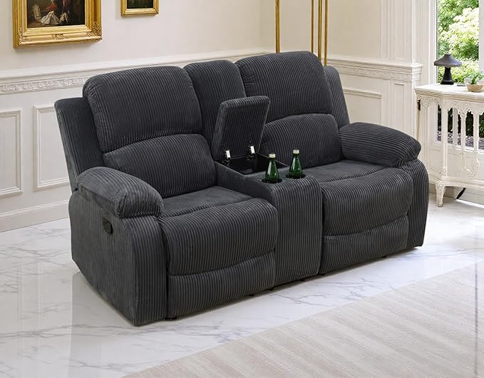 Manual Reclining Fabric Couch Living Room Furniture 2 Seater Recliner Loveseat with Cup Holders&Middle Storage Console for Home/Office/Rv Car (Grey, Loveseat)
