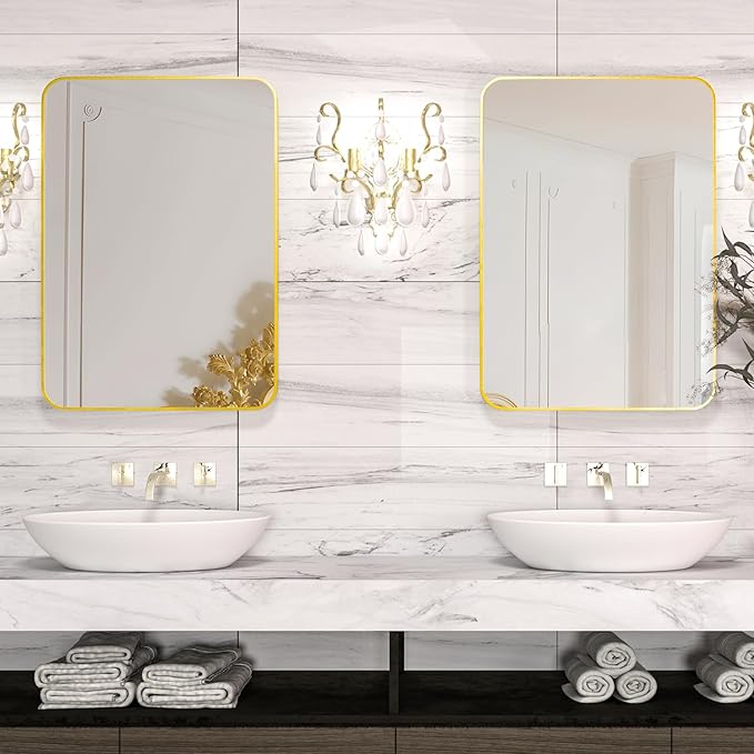 Manocorro Wall Mirror Bathroom Mirror, 20 x 28 Inch Vanity Mirror with Aluminum Alloy Frame, Rounded Corner Hanging Mirror Decor for Entryway, Bedroom, Living Room, Gold