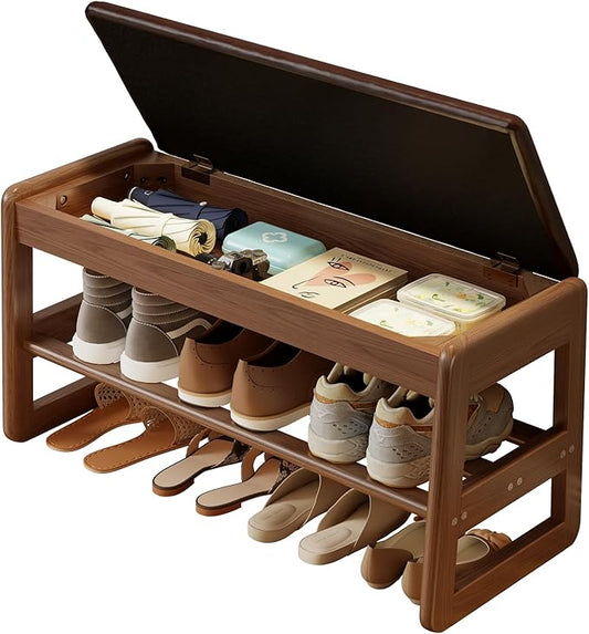 AQIMUELE Shoe Rack Bench,2 Tiers Shoe Bench with Storage with Flip-Top,Wood Shoe Rack for Entryway,Hallway（Dark Walnut Upholstered Seat）
