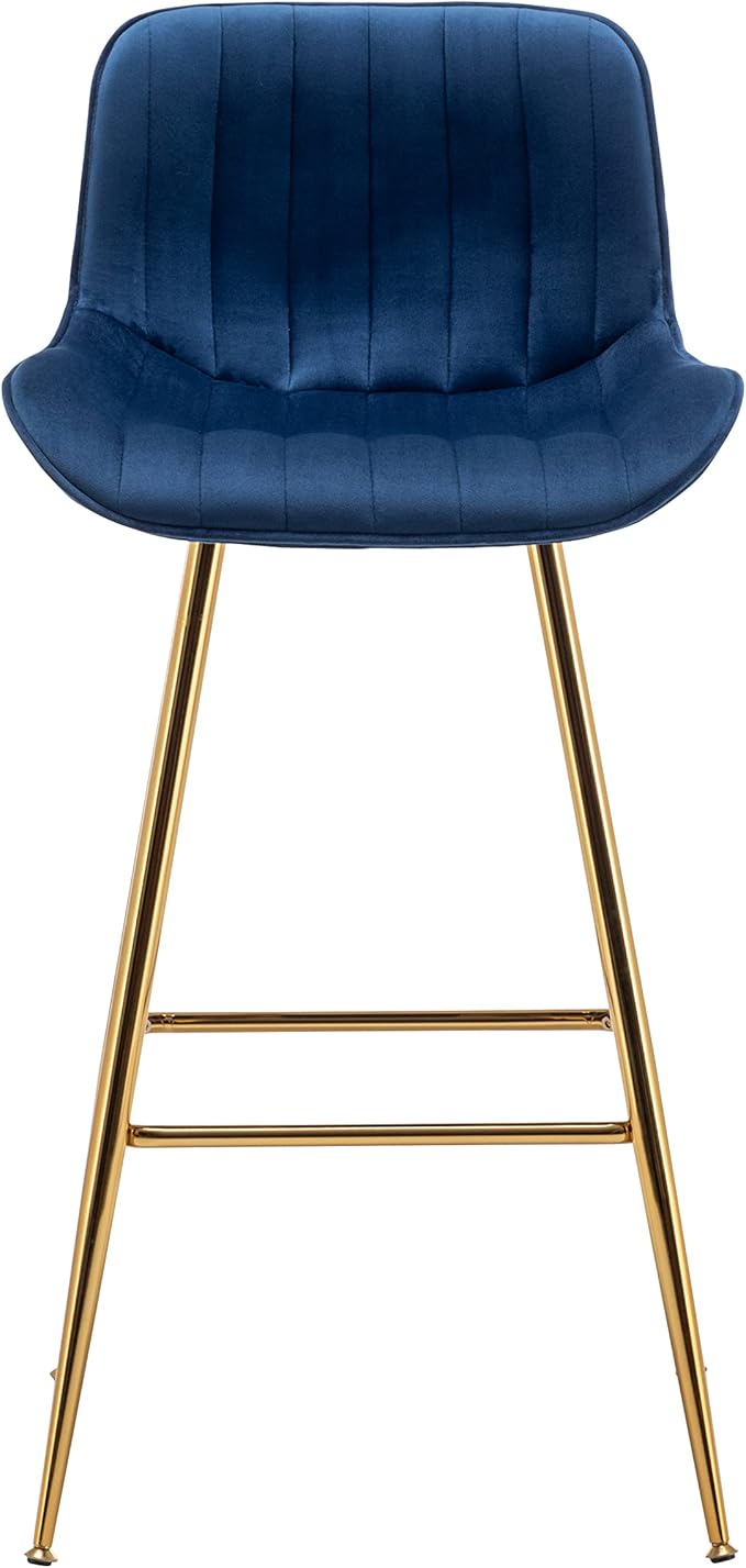 Sidanli Velvet Blue Bar Stools, 29 Inch Upholstered Island Stools with Footrests, Gold Bar Chairs for Home, Kitchen Island, Dining Room