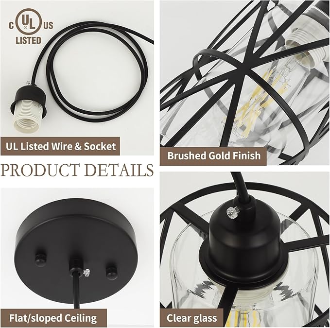 5.4"×7.9" Black Pendant Lights Kitchen Island, Pendant Light with Clear Glass Shade, Modern Kitchen Lights, Hanging Light Fixture for Kitchen Island, Foyer, Dining Room, Entryway