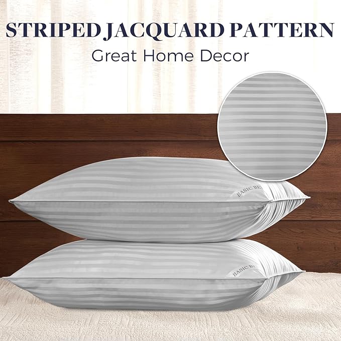 Basic Beyond Standard Size Pillows - Soft Down Alternative Pillows Standard Size Set of 2 for Back, Stomach or Side Sleepers, Silver, 20x26 Inches
