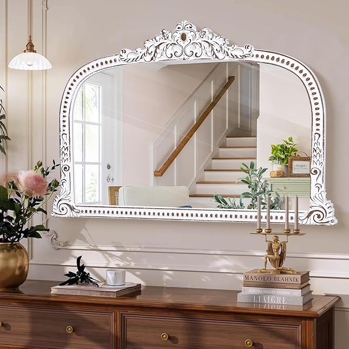 Rustic Farmhouse Wooden Wall Mirror: 36x24 Inches Baroque Antique Arched Mirror - Decorative Wide Mirrors for Fireplace Mantel, Living Room, Entryway, Bathroom