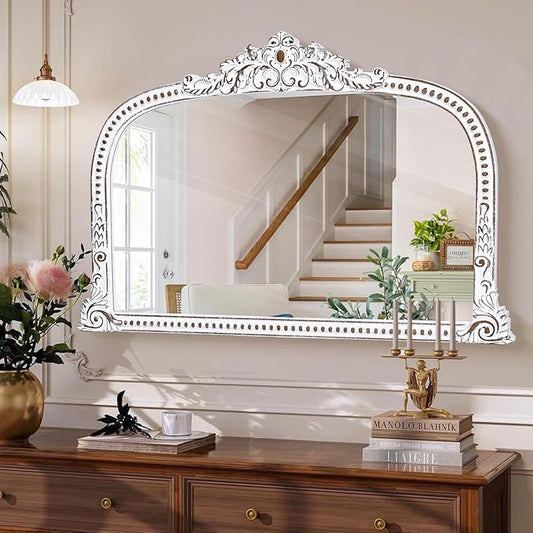 Rustic Farmhouse Wooden Wall Mirror: 36x24 Inches Baroque Antique Arched Mirror - Decorative Wide Mirrors for Fireplace Mantel, Living Room, Entryway, Bathroom