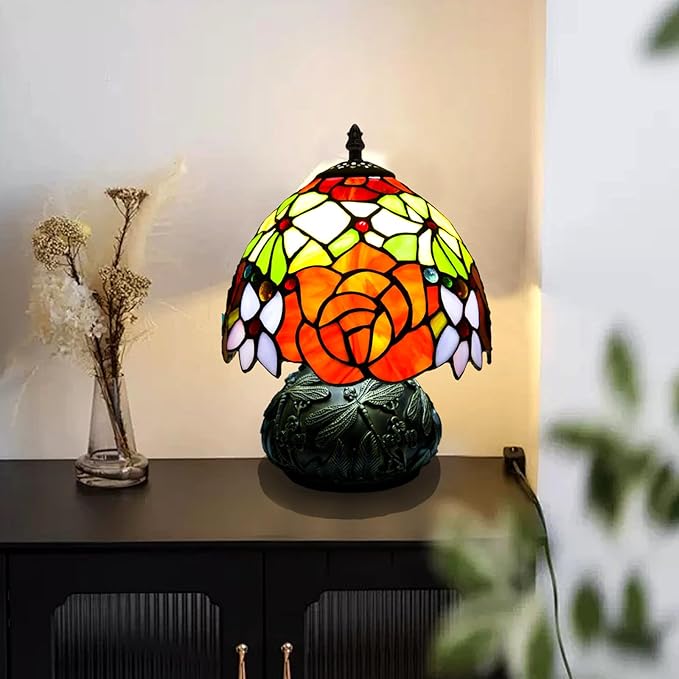 JHuiLap Small Tiffany Stained Glass Lamp, 3 Color Temperatures Bedside Lamp, 8 Inch Mushroom Desk Light for Bedroom Living Room Office Home Decor (Two-Color Rose)