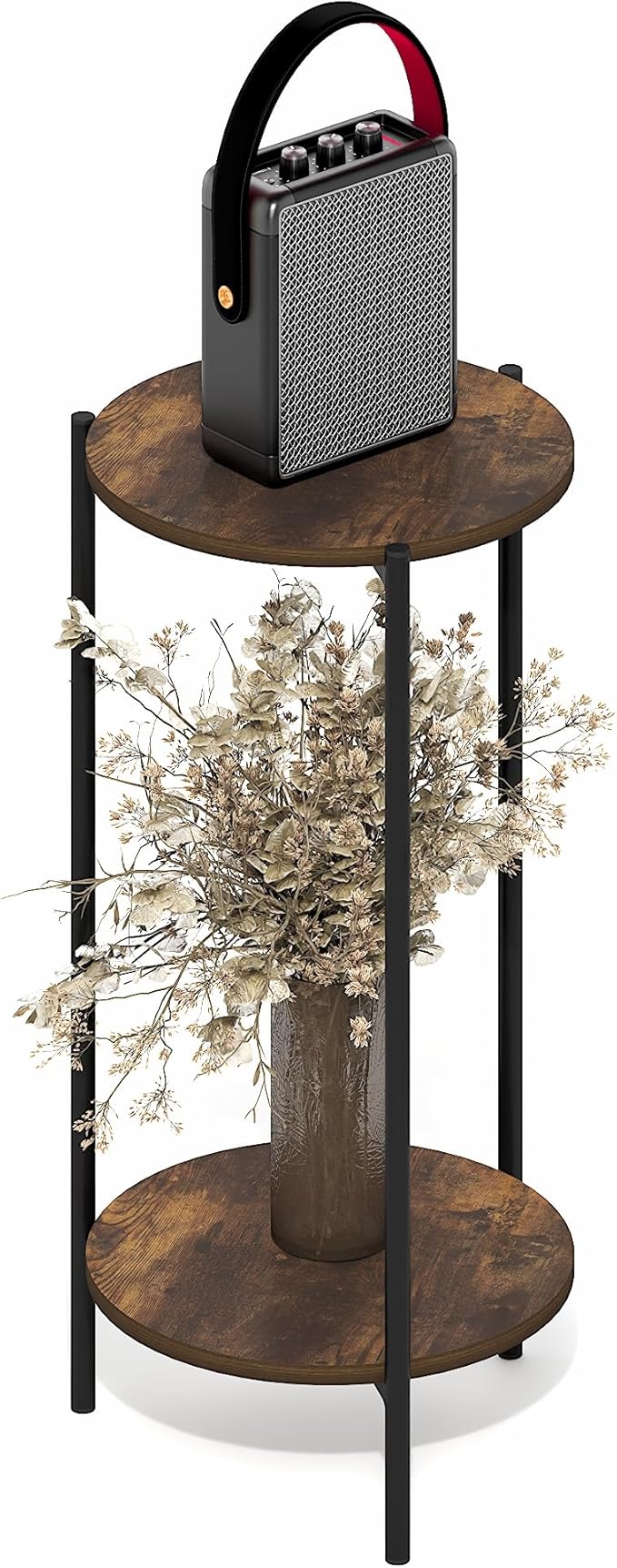 Furinno BESI Side Table, 2-Tier Tall Round Narrow End Table with Metal Legs, Metal Frame Night Stand, Bedside Table with Open Shelf, Easy Assembly, for Living Room, Bedroom, Amber Pine