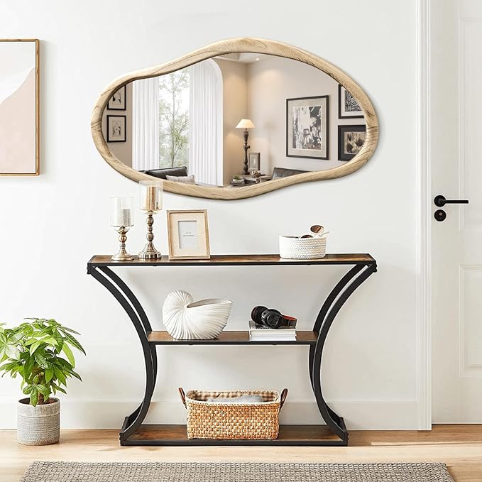 JJUUYOU Irregular Wood Mirror Asymmetrical Bathroom Wall Mounted Mirror 36"x24" Large Horizontal or Vertical Hanging Wall Mirrors for Makeup Bedroom Living Room Wood