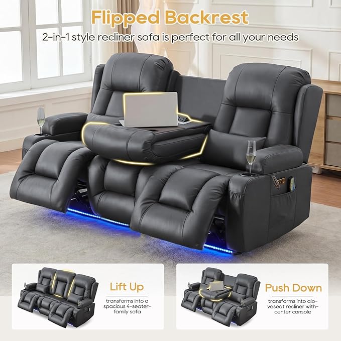 IPKIG Power Recliner Sofa with Flip-Up Backrest Console, USB & USB-C Ports, AC Outlet, LED Lights, Wall Hugger Recliners for Living Room, RV (PU Grey, 76.8" - 3 Seat) | Faux Leather, Zero Gravity, Dual Reclining, 2 Lumabr Pillow