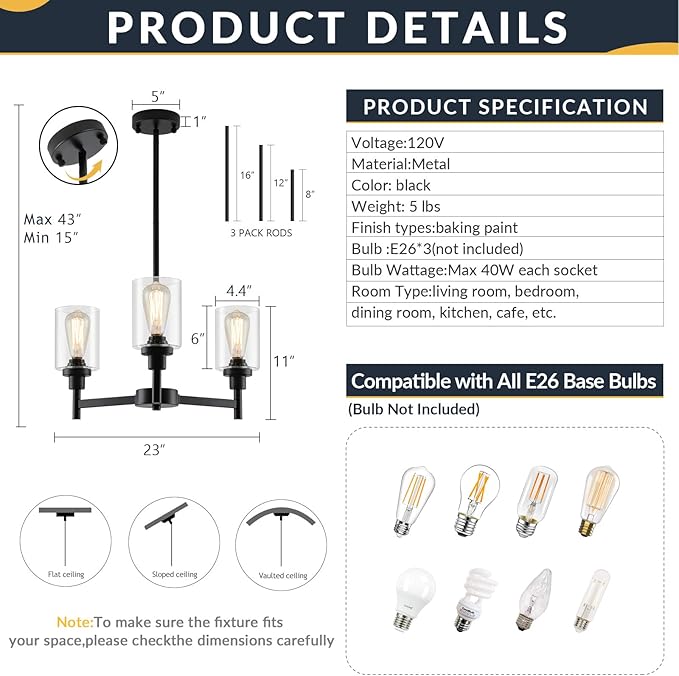 3 Lights Black Chandeliers for Dining Room Light Fixture Over Table, Entryway Chandelier for Foyer, Hallway Lighting Fixtures with Glass Shade for Dining Room Kitchen Island Foyer Hallway