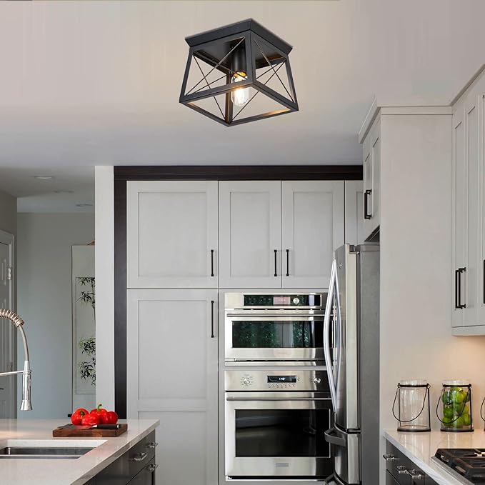 Farmhouse Ceiling Light Fixtures Black Flush Mount Ceiling Light 1-Light Industrial Metal-Framed Ceiling Lights, Rustic Flush Mount Ceiling Light for Hallway Kitchen Foyer Laundry Bedroom