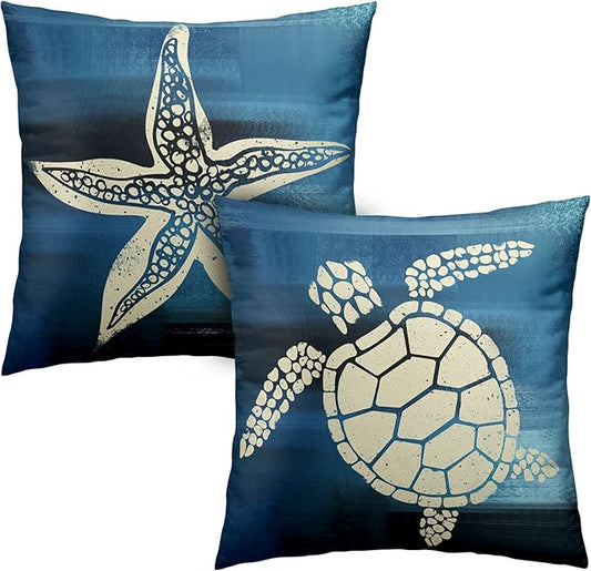 Coastal Starfish Throw Pillow Cover 24x24 in 2 Pcs Modern Farmhouse Pillow Covers Ocean World Sea Turtle Cushion Cover Cotton Blend Home Decor for Room Sofa Bed Outdoors