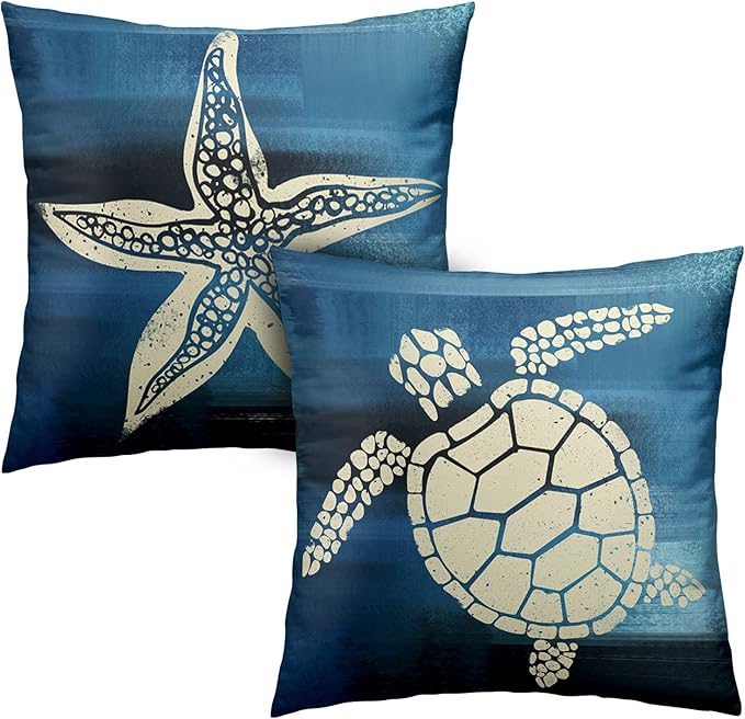 Marine Sea Turtle White Starfish Throw Pillow Covers 18x18 Nautical Coastal Cushion Covers Navy Blue Pillow Covers Set of 2 Double Sided for Living Sofa Bedroom Indoor Room Decor