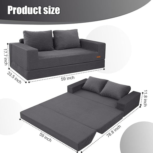COMAX Futon Sofa Bed, 4‑in‑1 Convertible Sofa Bed, Boneless Couches for Living Room, Fold Out Small Foldable Loveseat Space‑Saving, Grey
