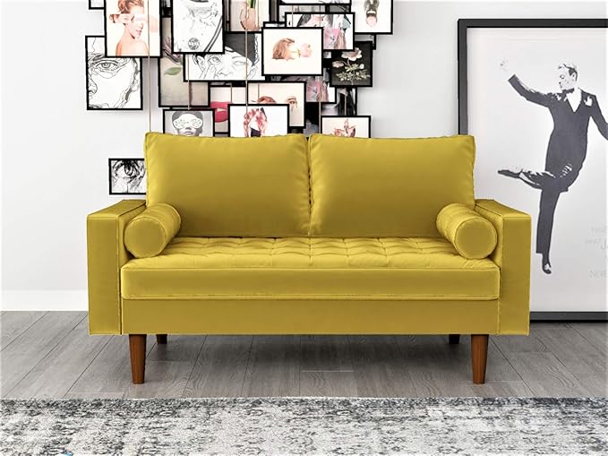 Container Furniture Direct Womble Modern Velvet Upholstered Living Room Diamond Tufted Chesterfield with Gleaming Nailheads, Loveseat, Sofa, Textured Gold