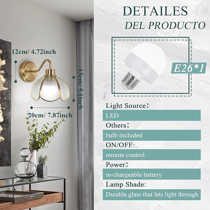 Battery Operated Wall Sconce, Vintage Wall Sconce with Gold Trim Tulip Glass Lampshade Rechargeable Battery Powered Wall Light with Remote Control for Bedside Bedroom Doorway