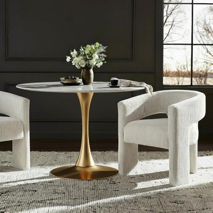 Meridian Furniture 975-T Holly Collection Modern | Contemporary Round Dining Table with Faux Marble Table Top and Rich Gold Base, 48" W x 48" D x 29.5" H