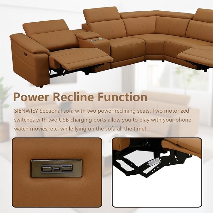 Power Reclining Sectional Sofa with Console，5 Seats Leather Sectional Couch Living Room Set L Shaped Couch with Cup Holders/USB Charging/Manual Adjustable Headrests,Ginger