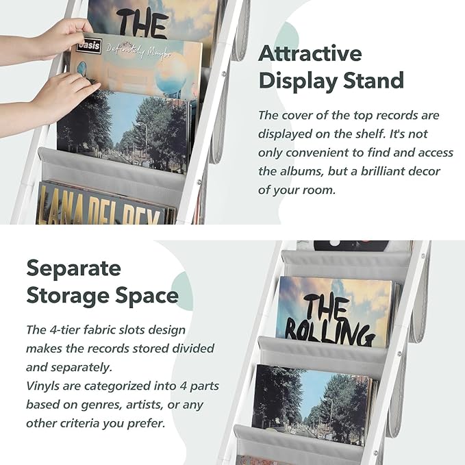 Keebofly Vinyl Record Storage, Record Holder Up to 100 Albums, Record Stand with 4 Tier Holder Display Shelf, Movable Vinyl Storage Organizer Rack, Record Cabinet for Book Magazine (White)