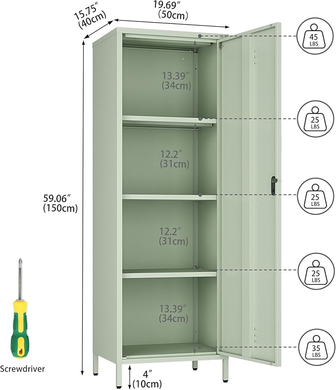 Metal Storage Cabinet, Steel File Locker with 3 Shelves 59.06-inch high for School, Living Room, Bedroom, Office (Green, H59.06'')