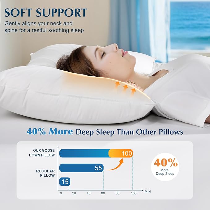 Luxury Goose Feather Down Pillows King Size Set of 2, 3-Chamber 5 Star Hotel Pillow for Deep Sleep, Soft Bed Pillows for Neck Pain Relief, Perfect for Side Sleeper, 100% Cotton Shell(2 Pack,20"x36")