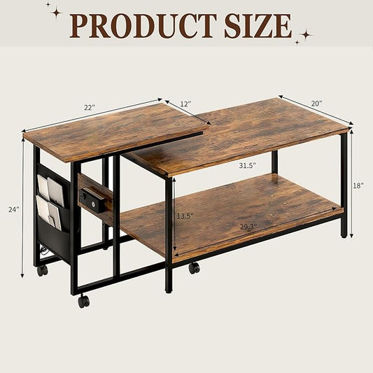 VECELO Coffee Table Set of 2 - Adjustable Height with USB Ports & Wheels, 31.5" and 20" Side and End Tables for Living Room, Bedroom, Apartment, Industrial Style, Rustic Brown