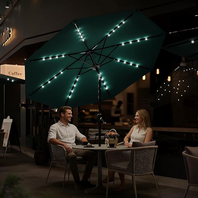 Patio Umbrella with Solar Lights, Outdoor Table Umbrella with 8 Durable Ribs, Tilt & Crank Mechanism, Water & UV Protection Sun Shade Umbrella for Garden, Poolside, Backyard (Turquoise, 9 FT)