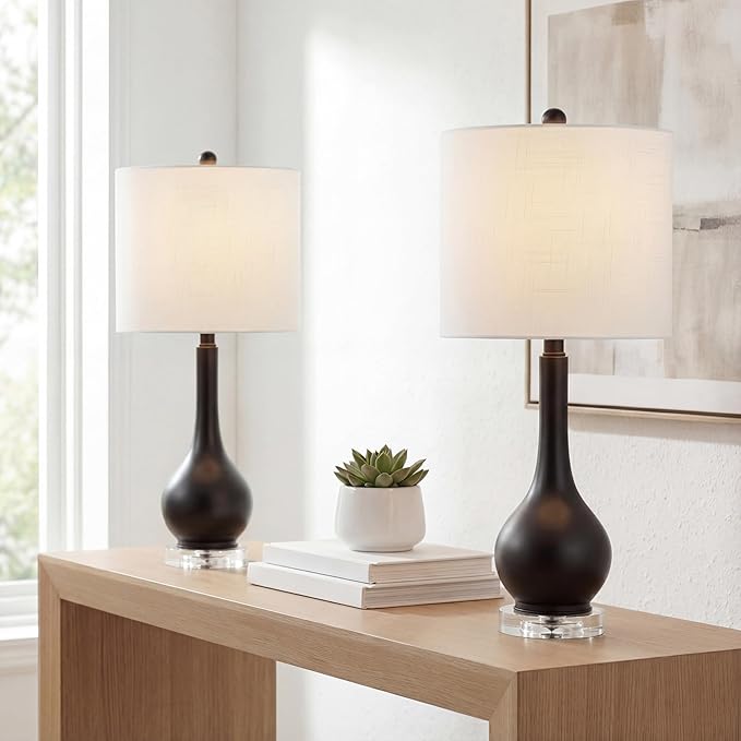 JONATHAN Y 25" Oil Rubbed Bronze Metal and Crystal Teardrop LED Table Lamp for Bedroom Living Room Bedside Nightstand, White Linen Drum Shade, LED Bulb Included, Set of 2 (JYL5010C-SET2)