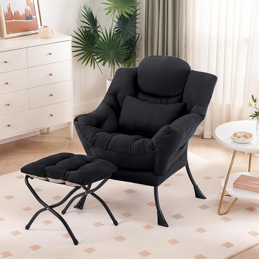 Lazy Chair with Ottoman, Comfy Fabric Accent Lounge Arm Chair with Lumbar Pillow and Folding Footrest, Reading Leisure Sofa Chair for Bedroom, Living Room, Dorm,Black