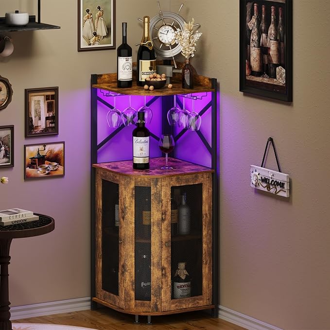 JKsmart Corner Bar Cabinet with LED Lights,Industrial Wine Cabinet with Glass Holder,4-Tier Wine Cabinet with Door and Shelf,Farmhouse Home Bar for Liquor Wine Coffee Storage,Rustic Brown