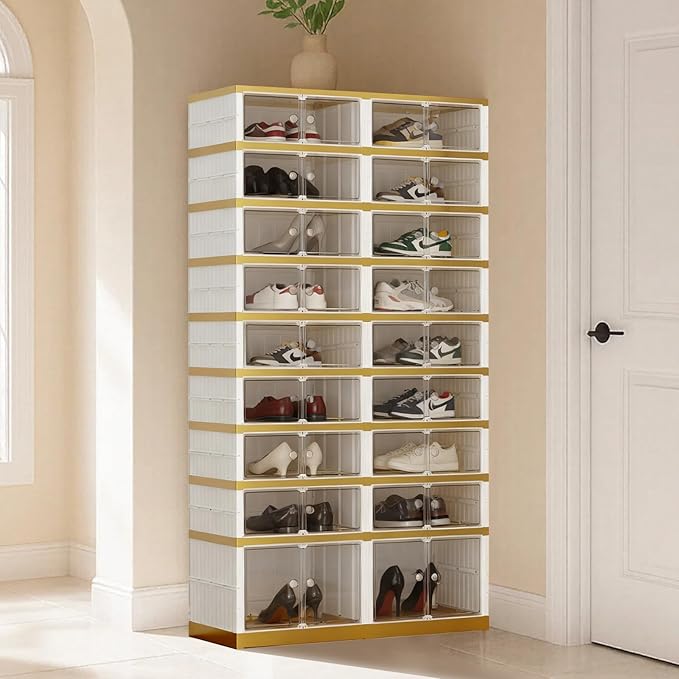 Foldable Shoe Organizer Cabinet Collapsible Shoe Rack, 9 Tier 36 Pairs Shoe Storage Boxes, Folding Shoe Rack with Magnetic Transparent Doors Easy Assembly Shoe Shelves Organizer, White Gold