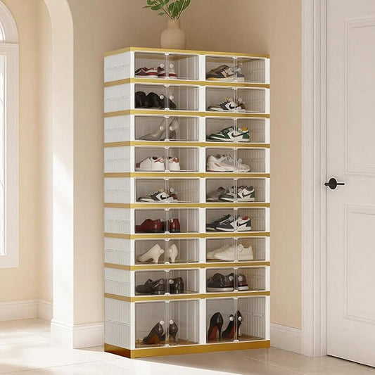 Foldable Shoe Organizer Cabinet Collapsible Shoe Rack, 9 Tier 36 Pairs Shoe Storage Boxes, Folding Shoe Rack with Magnetic Transparent Doors Easy Assembly Shoe Shelves Organizer, White Gold