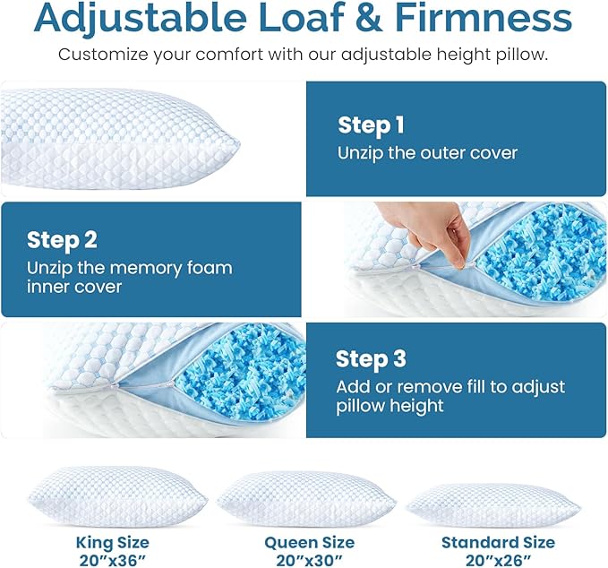Cooling Memory Foam Queen Size Pillows 2 Pack: Adjustable firm Hotel Sleeping Pillows with Cool Removable Cover for Hot Sleepers. Perfect Support for Side Back Stomach Sleepers & Pain. Easy Wash