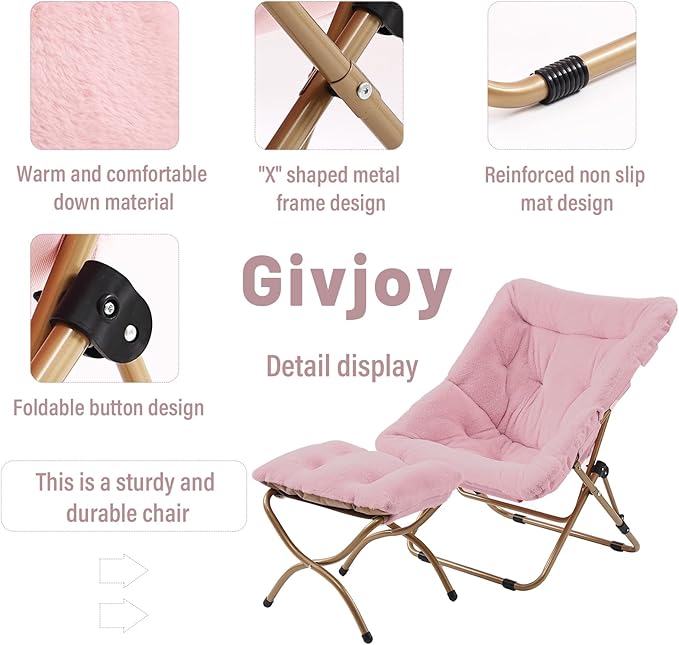 Comfy Folded Chair with Ottoman, Oversized Folding Faux Fur Chair Soft Furry Lazy Chair with Metal Frame Moon Chair Accent Chair for Bedroom, Living Room, Dorm Rooms