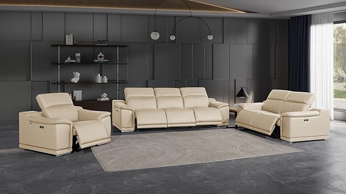 BlackJack Furniture Venice Top Grain Italian Leather 6 Power Recliner Seaters 3 Piece Sofa Set with Adjustable Headrests Modern Luxury Seating Sofa, Loveseat and Chair for Living Room Lounge, Beige