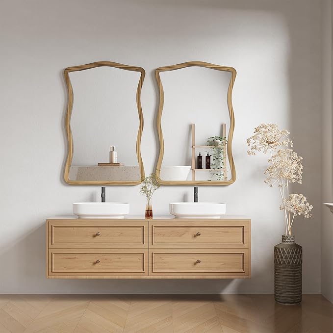 ULIKE Wavy Wall Mirror for Bathroom, 24x36 Wood Frame Mirror for Over Sink, Rustic Wall Mirrors Decorative and Vanity Mirrors for Bedroom Living Room Entryway, Brown