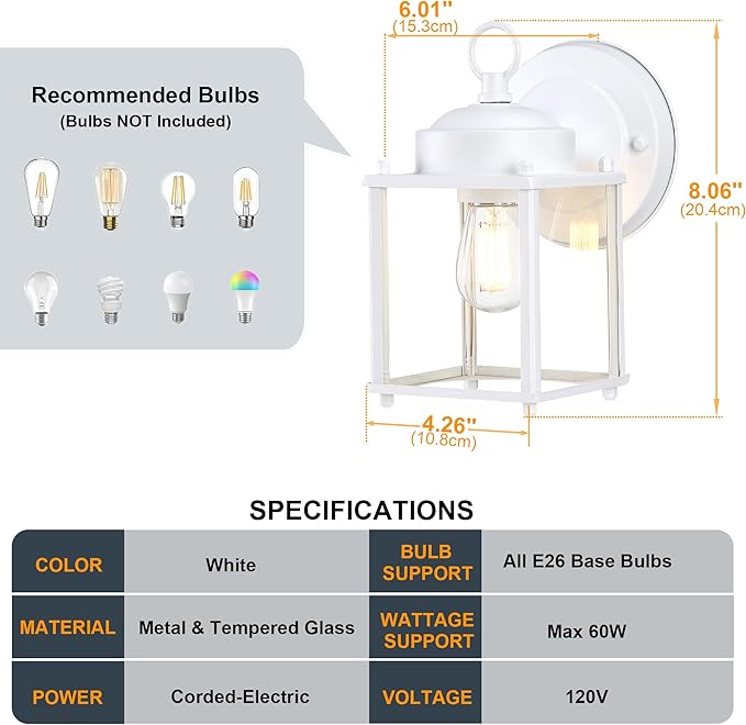GRUENLICH Outdoor Wall Sconce, Exterior Wall Lighting Fixtures with Clear Glass, Front Porch Lighting, Anti-Rust Outside Lights for Patio, Doorway, White, 2 Pack
