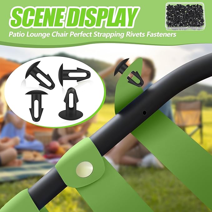 100 Pcs Strapping Rivets 15/64 Inch Hole Patio Strapping Fasteners for Patio Furniture Repair Webbing Lawn Chair Lounge Accessories, 0.66 x 0.48 Inch (Black)
