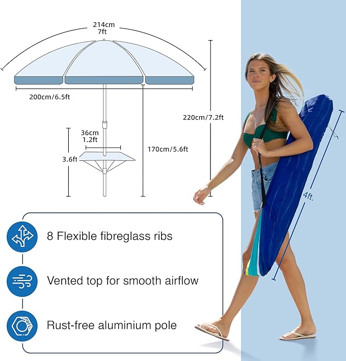 AMMSUN 7ft Heavy Duty High Wind Beach Umbrella with sand anchor, Built-in Table Tray Vent Tilt Pole, UPF 50+ Windproof Portable Outdoor Umbrellas Carry Bag for Patio Garden Pool Backyard stripe
