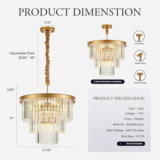 8-Light Gold Crystal Pendant Light, 3-Tier 17.76" Luxury Crystal Pendant Light Perfect for Dining Room, Bedroom, Kitchen, Living Room