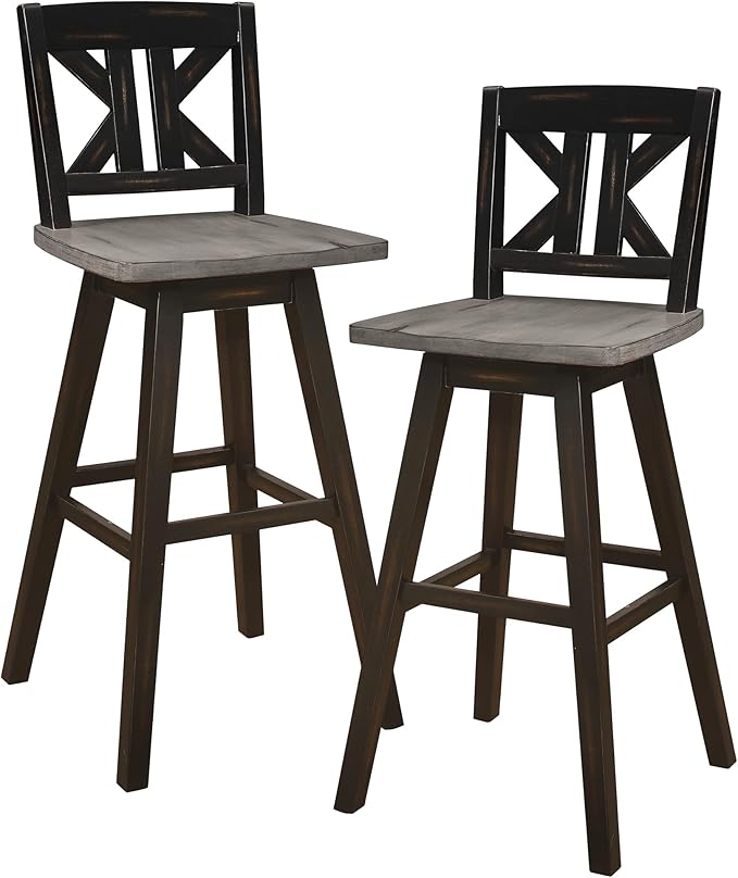 Lexicon Bar Height Bar Stools Set of 2-Solid Wood Frame 360° Swivel Wooden Stools, Foot Rest, KK Back, Wide Seat, Distressed Farmhouse Easy to Clean Finish, 28.5" SH, Antique Black/Grey