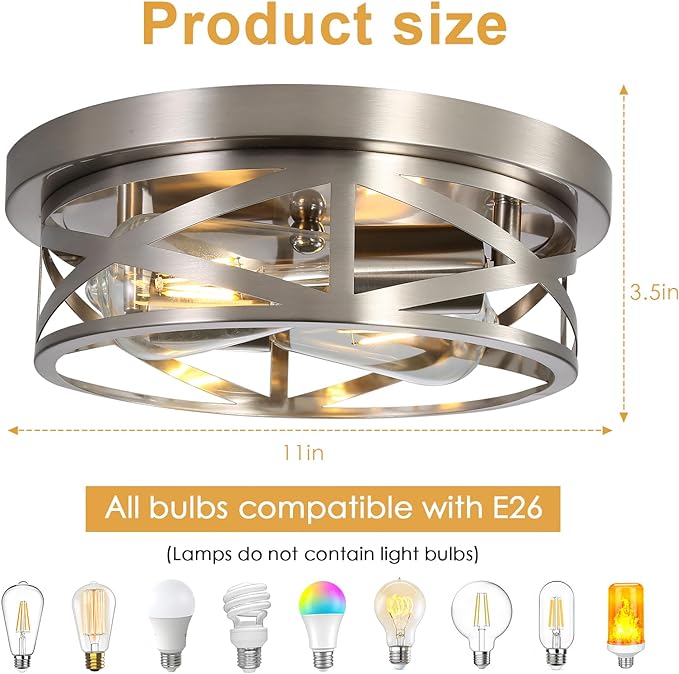 Brushed Nickle Flush Mount Ceiling Light Fixture, 2-Pack Metal Cage Close to Ceiling Lights, Modern 11 Inch E26 Base Indoor Kitchen Ceiling Lights for House Hallway Bedroom
