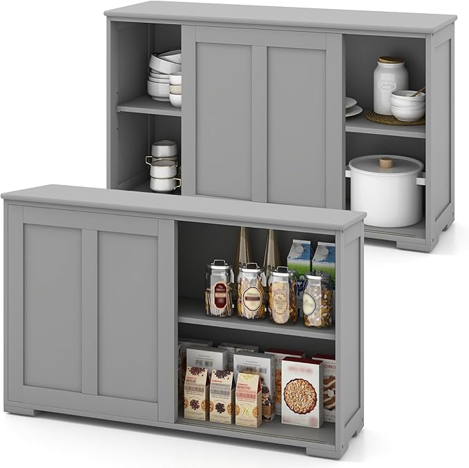 Giantex Set of 2 Buffet Cabinet, Coffee Bar Wine Cabinet, Farmhouse Accent Sideboard with Sliding Door, Adjustable Shelves, Cupboard, Storage Cabinet for Kitchen Entryway, Grey