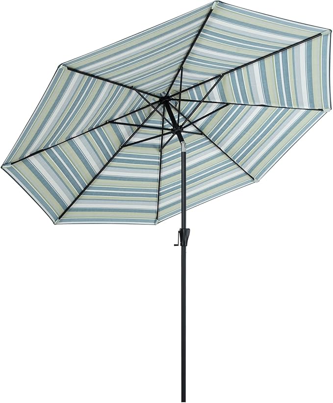 Tempera Striped Patio Umbrellas Outdoor Table Market Umbrellas with Crank & Pust Button Tilt|Auto-Tilt, 8 Steel Ribs, High Color-Fastness Canopy